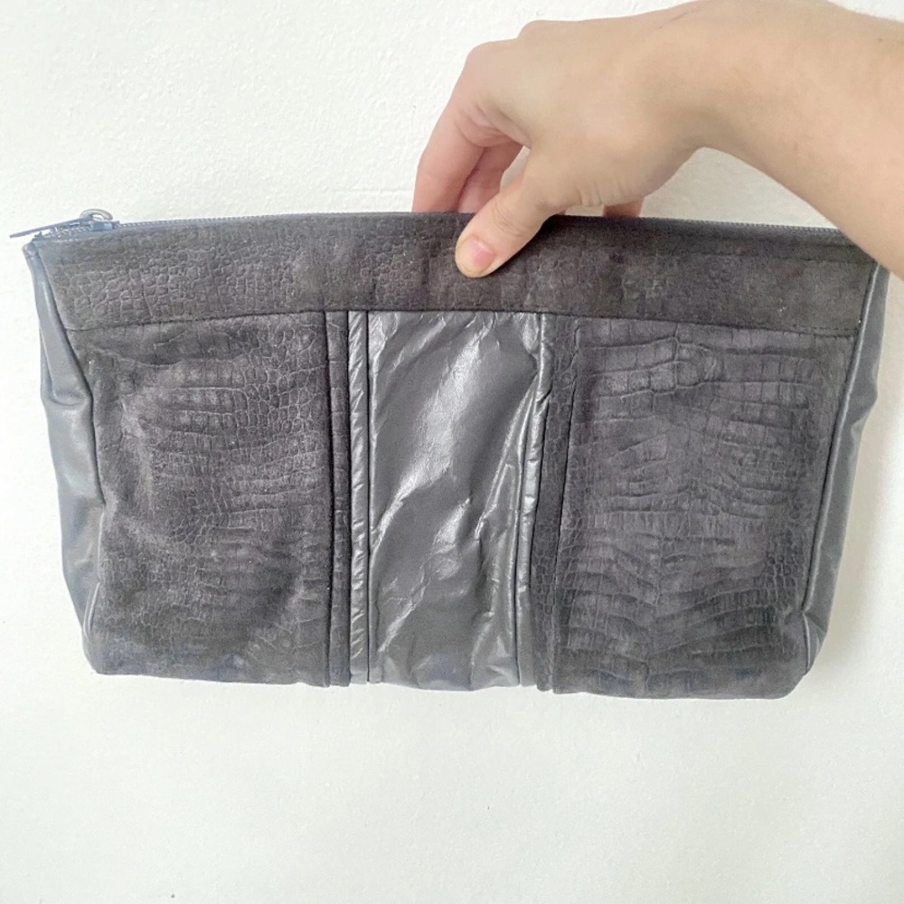 🪩 Vintage 80s Gray Leather Suede Color-block Clutch Purse Evening Bag New Wave
